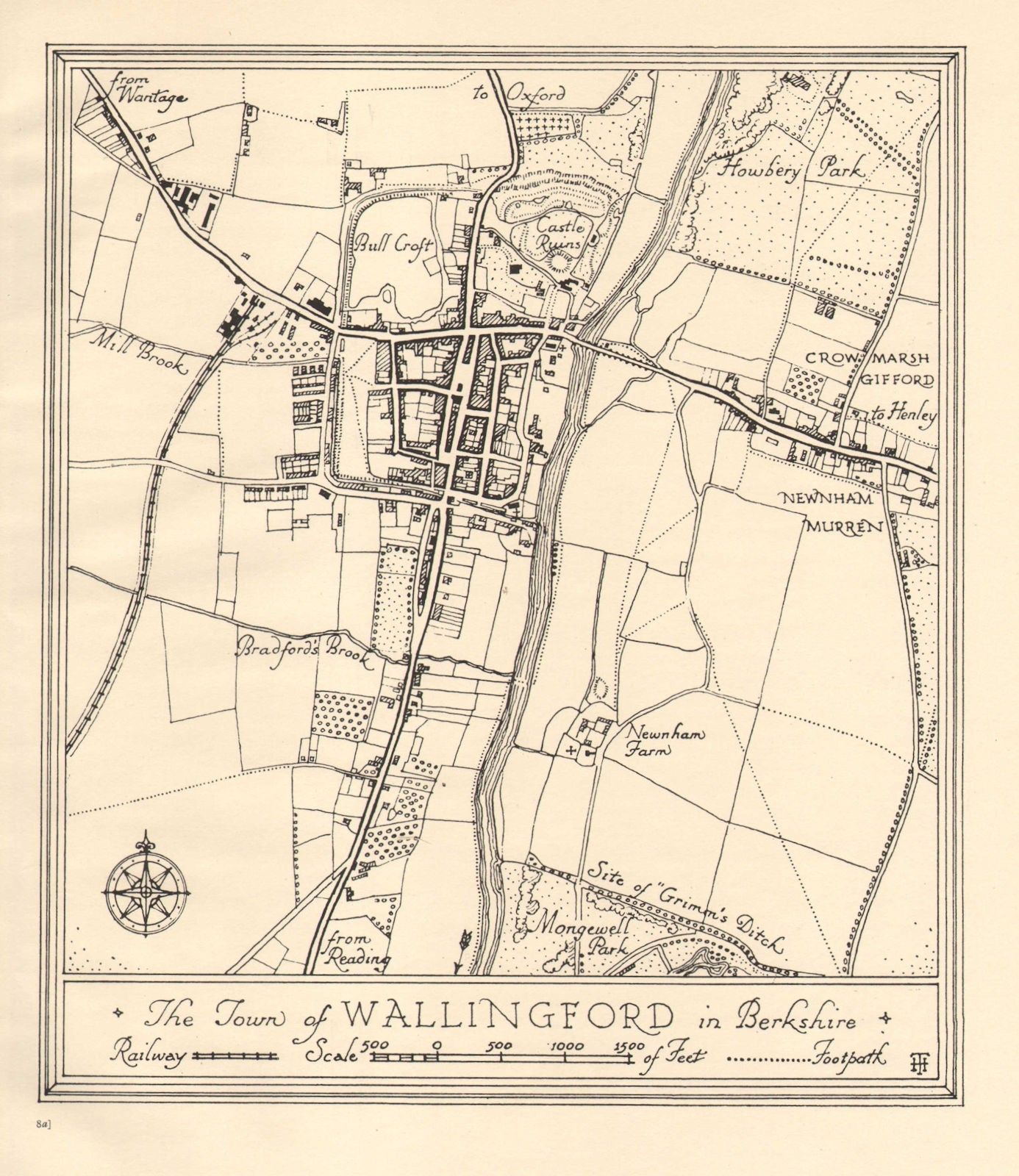 Town plan of WALLINGFORD, Oxfordshire. Thames Valley 1929 old vintage map